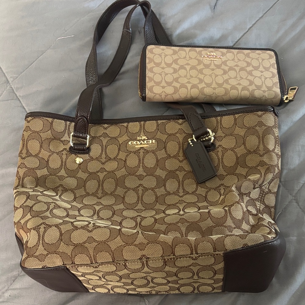 Coach Brown Signature Canvas Tote with Matching Zip Wallet